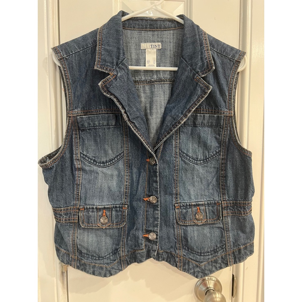 Tint Jeans Blue Denim Vest Womens XL Sleeveless Button Up Trucker Jacket Cotton